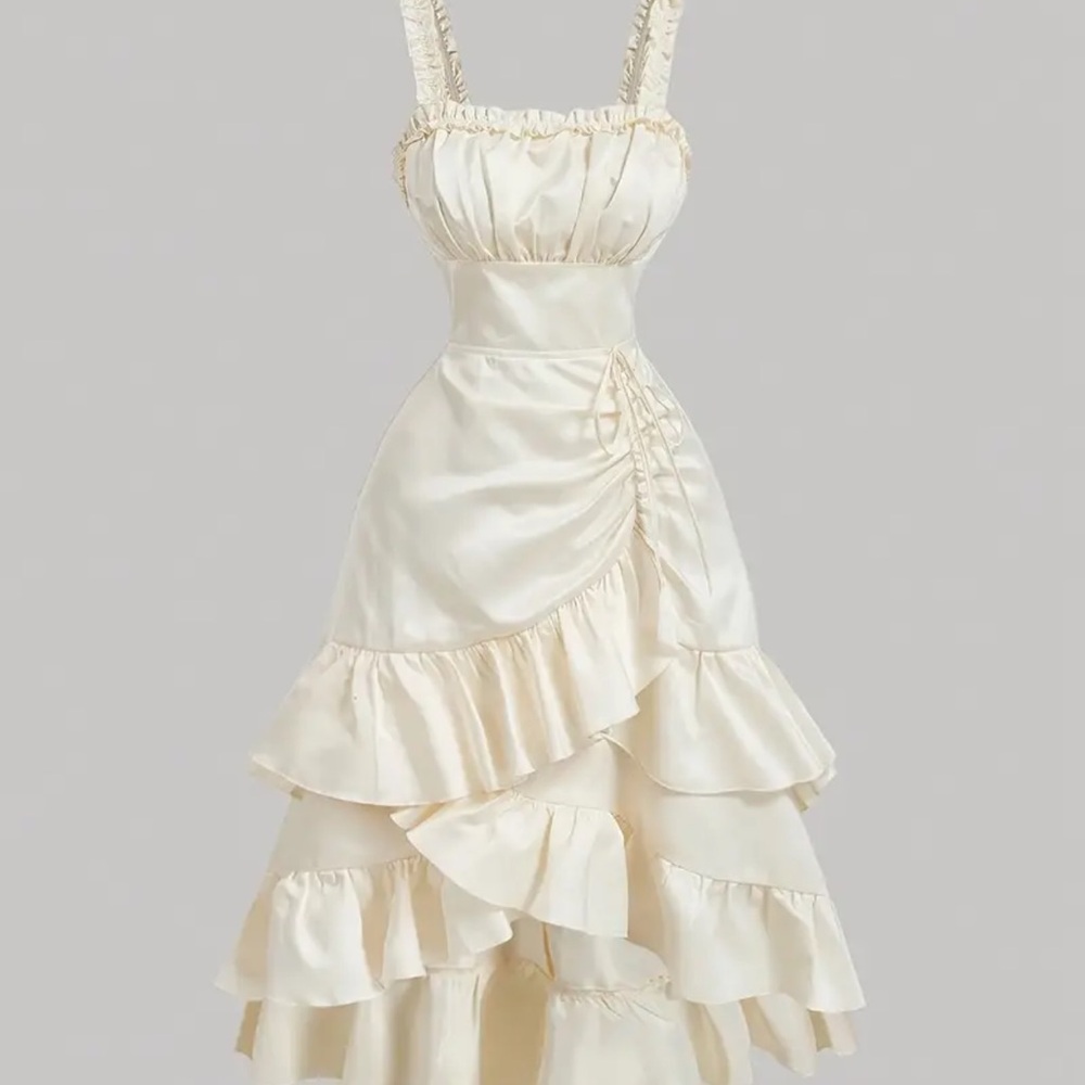 Cream Asymmetrical Ruffled Midi Dress (med) back is stretchy so it will fit most